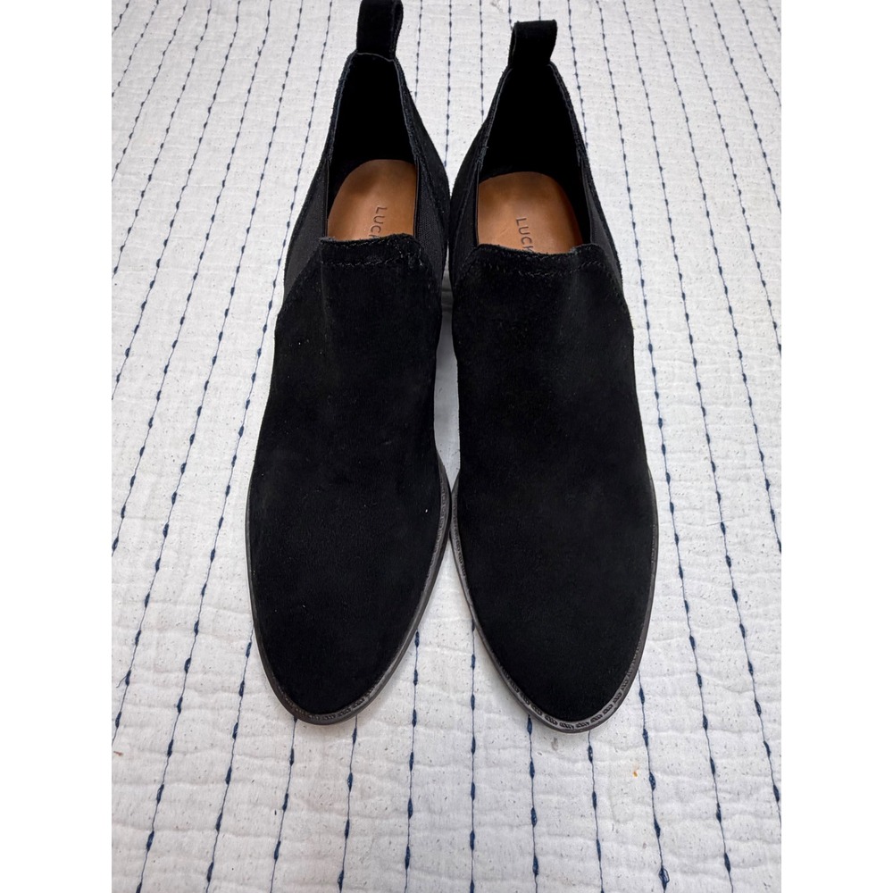 Lucky Brand Basel Black Suede Ankle Booties Stacked Heel Womens 8.5 M
